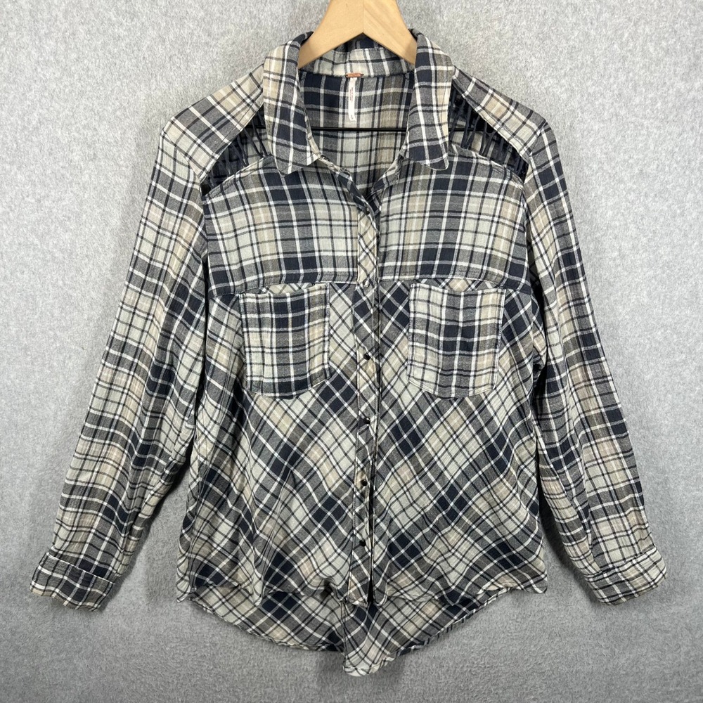 Free People Plaid Button Down Shirt Women S Gray Black Cage Shoulder EUC